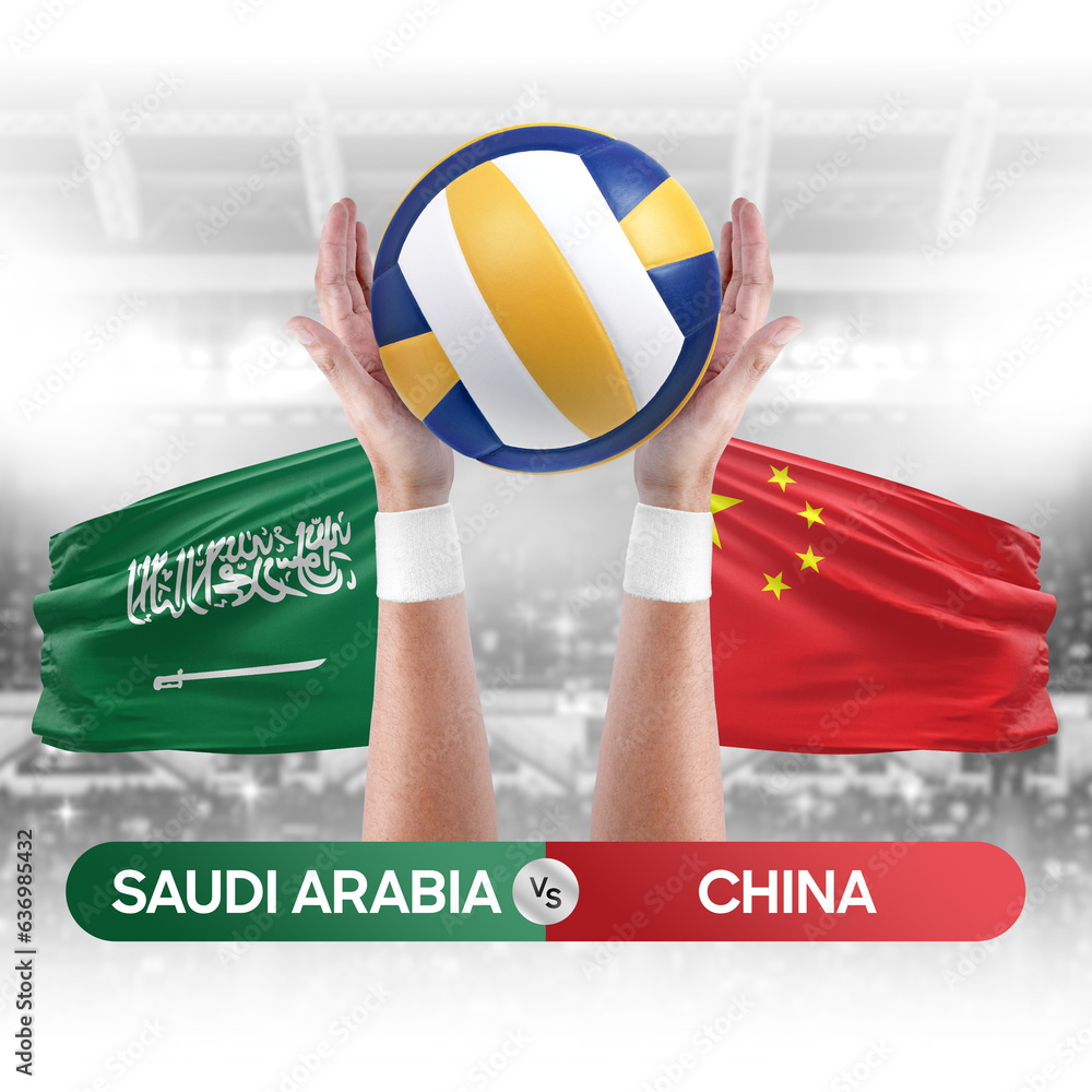 Saudi Arabia vs China national teams volleyball volley ball match competition concept.