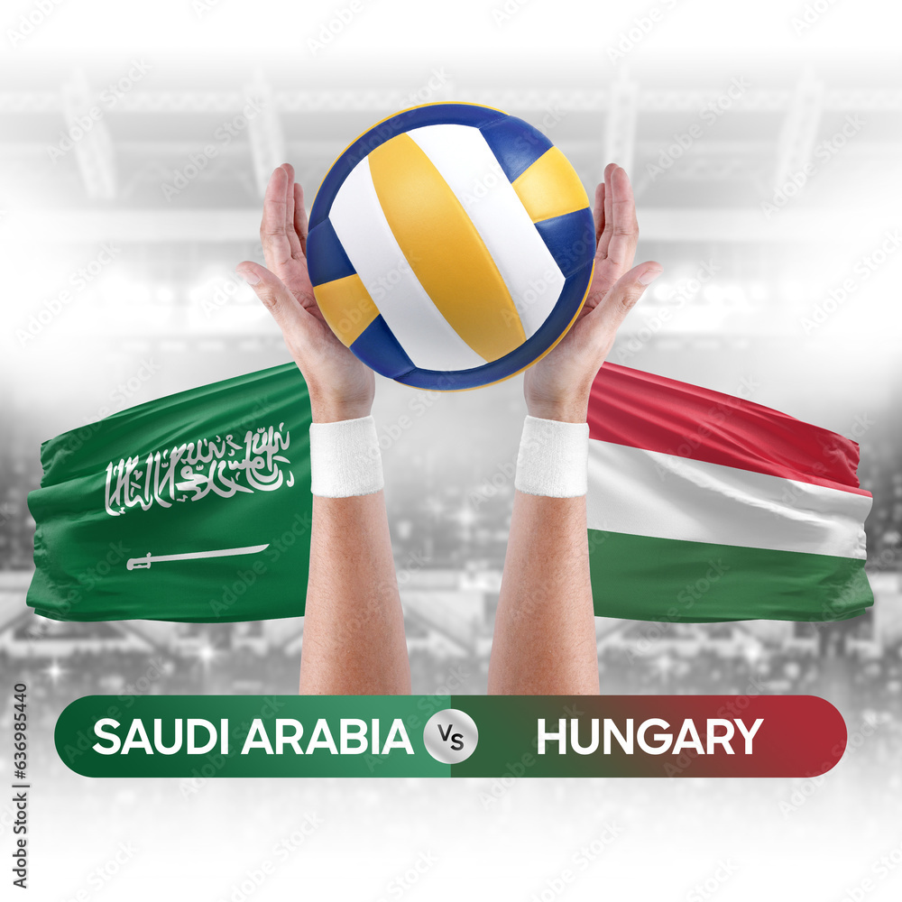 Saudi Arabia vs Hungary national teams volleyball volley ball match competition concept.