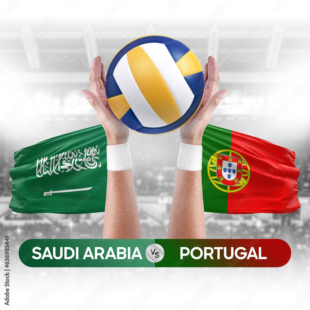 Saudi Arabia vs Portugal national teams volleyball volley ball match competition concept.
