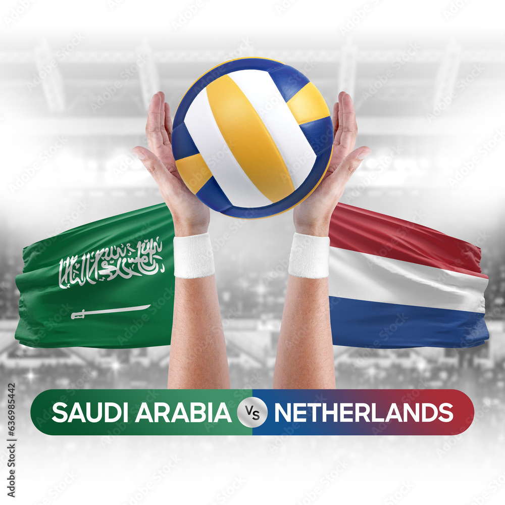 Saudi Arabia vs Netherlands national teams volleyball volley ball match competition concept.