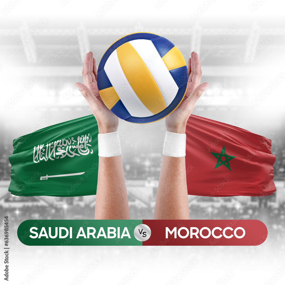 Saudi Arabia vs Morocco national teams volleyball volley ball match competition concept.