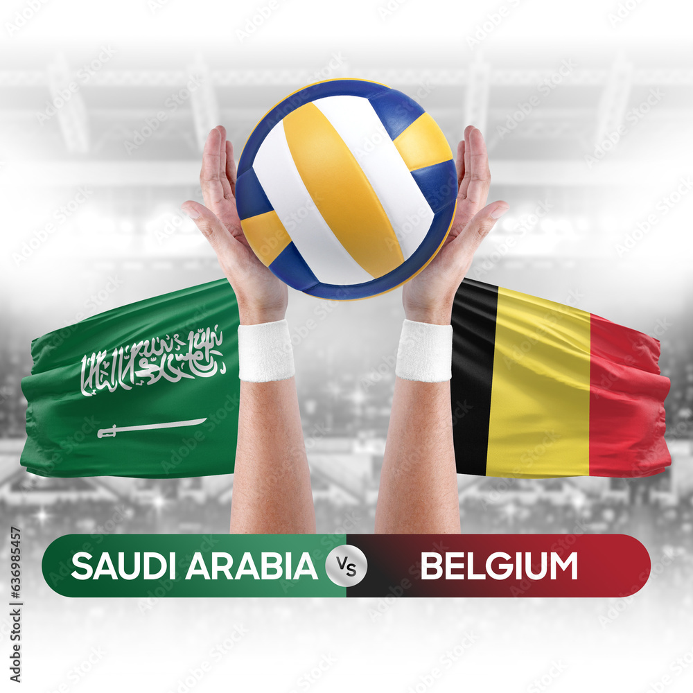 Saudi Arabia vs Belgium national teams volleyball volley ball match competition concept.