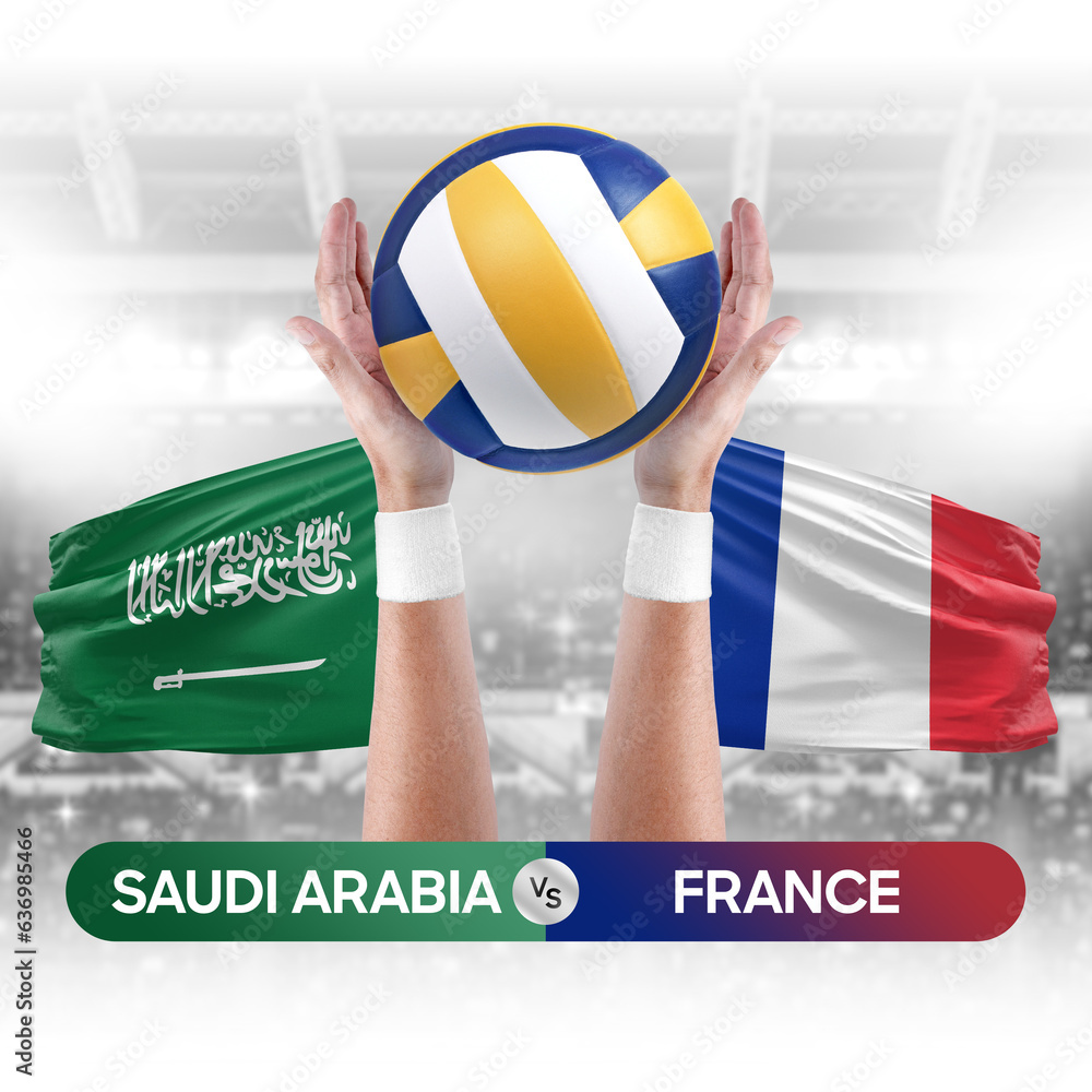 Saudi Arabia vs France national teams volleyball volley ball match competition concept.
