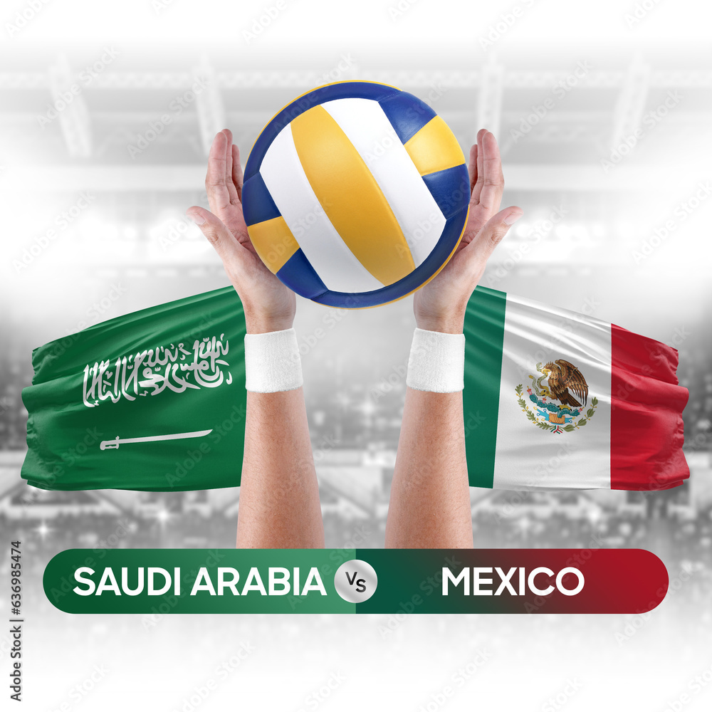 Saudi Arabia vs Mexico national teams volleyball volley ball match competition concept.