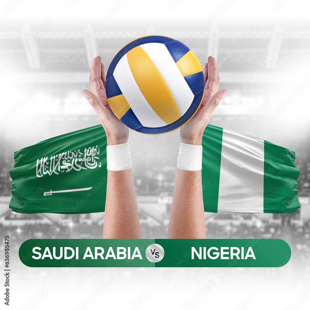 Saudi Arabia vs Nigeria national teams volleyball volley ball match competition concept.