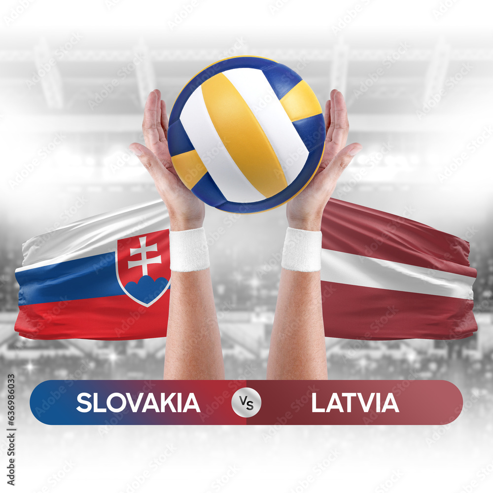 Slovakia vs Latvia national teams volleyball volley ball match competition concept.