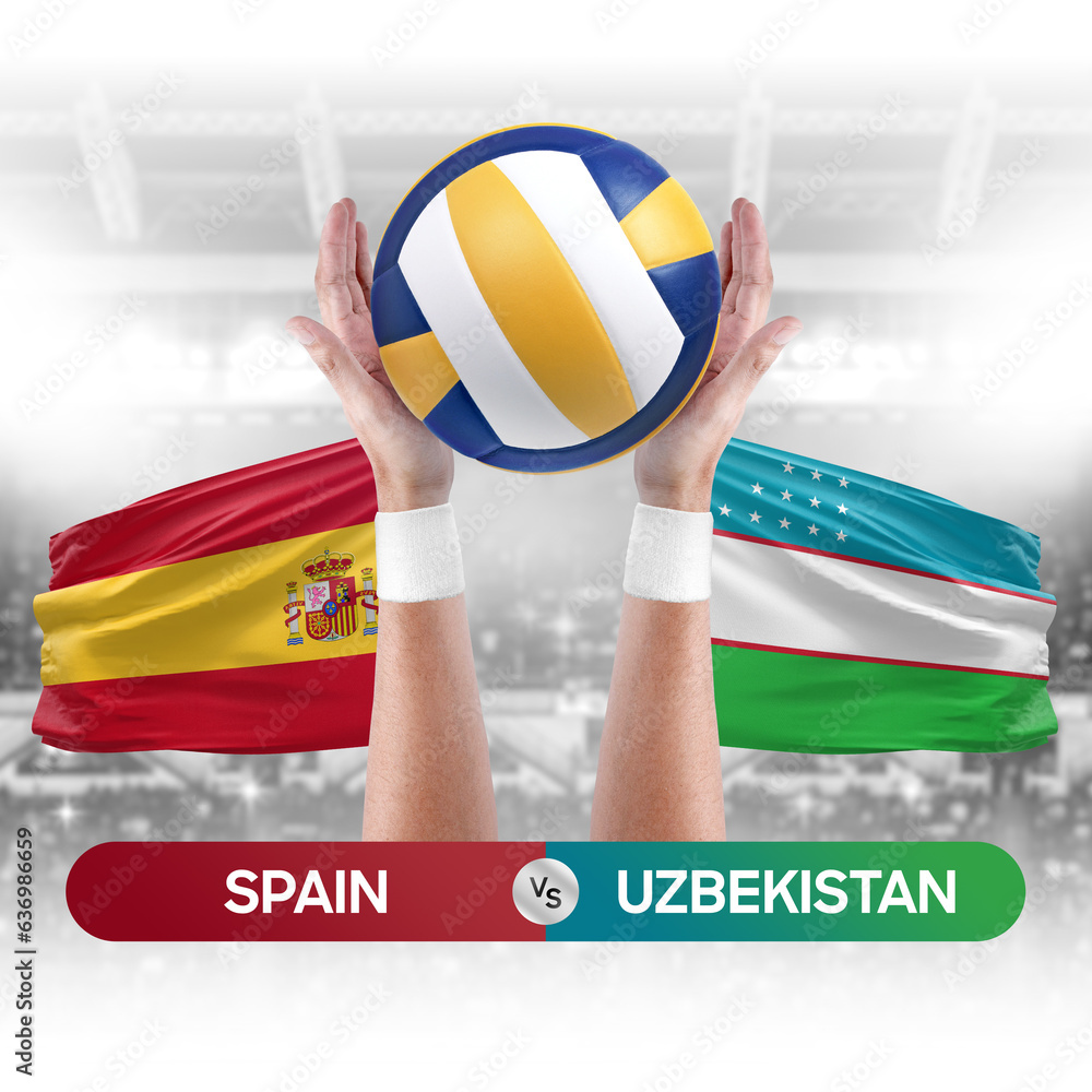 Spain vs Uzbekistan national teams volleyball volley ball match competition concept.