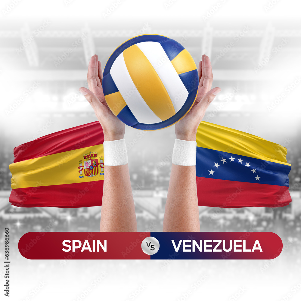 Spain vs Venezuela national teams volleyball volley ball match competition concept.
