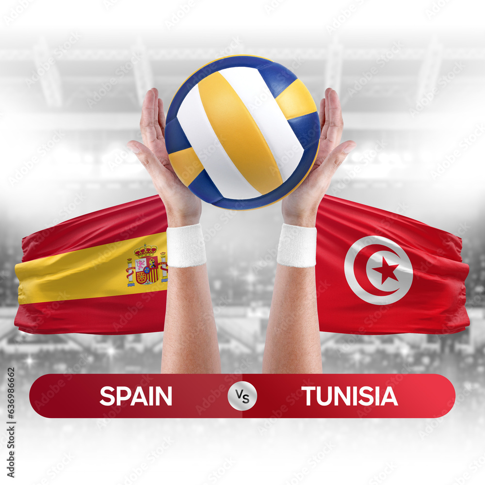 Spain vs Tunisia national teams volleyball volley ball match competition concept.