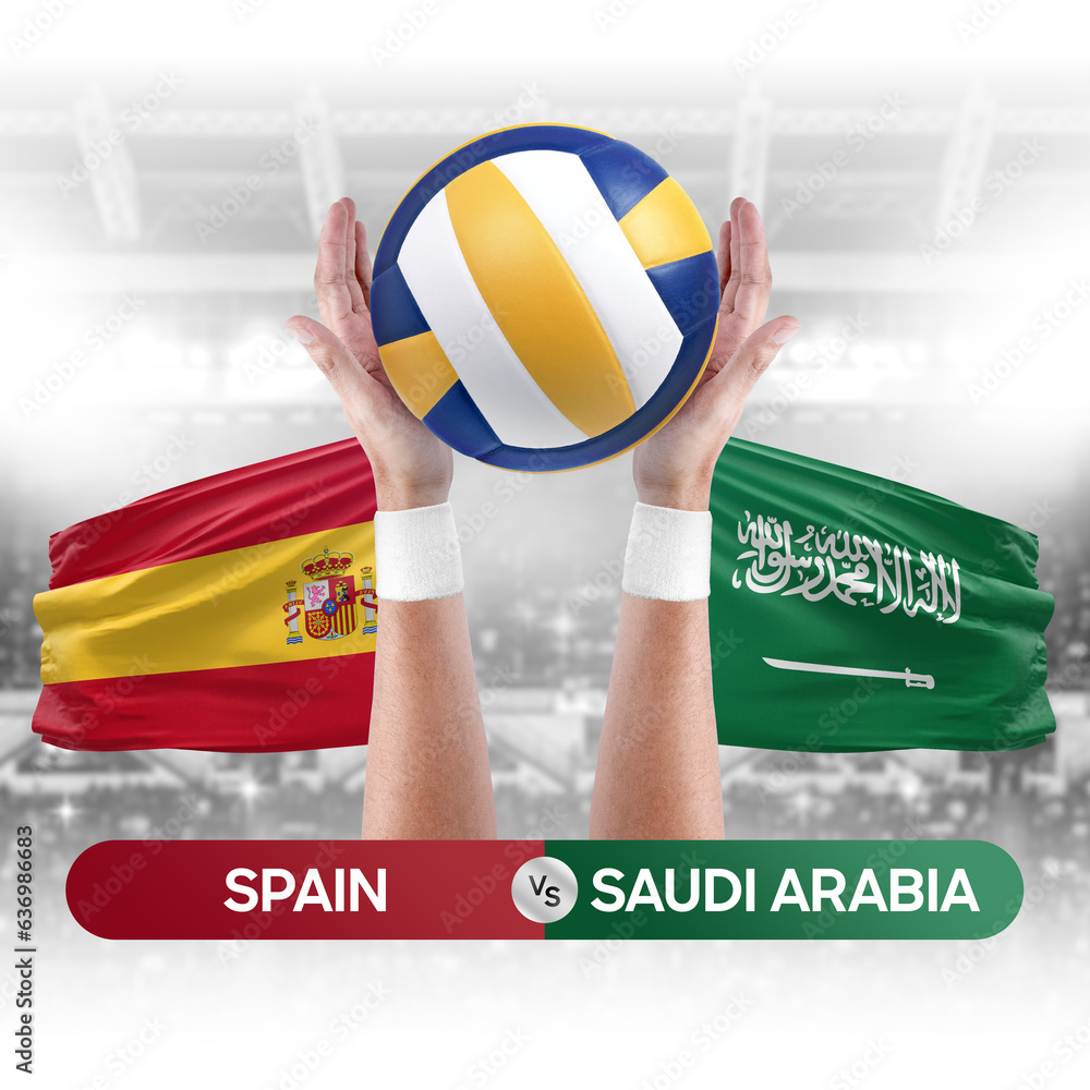 Spain vs Saudi Arabia national teams volleyball volley ball match competition concept.