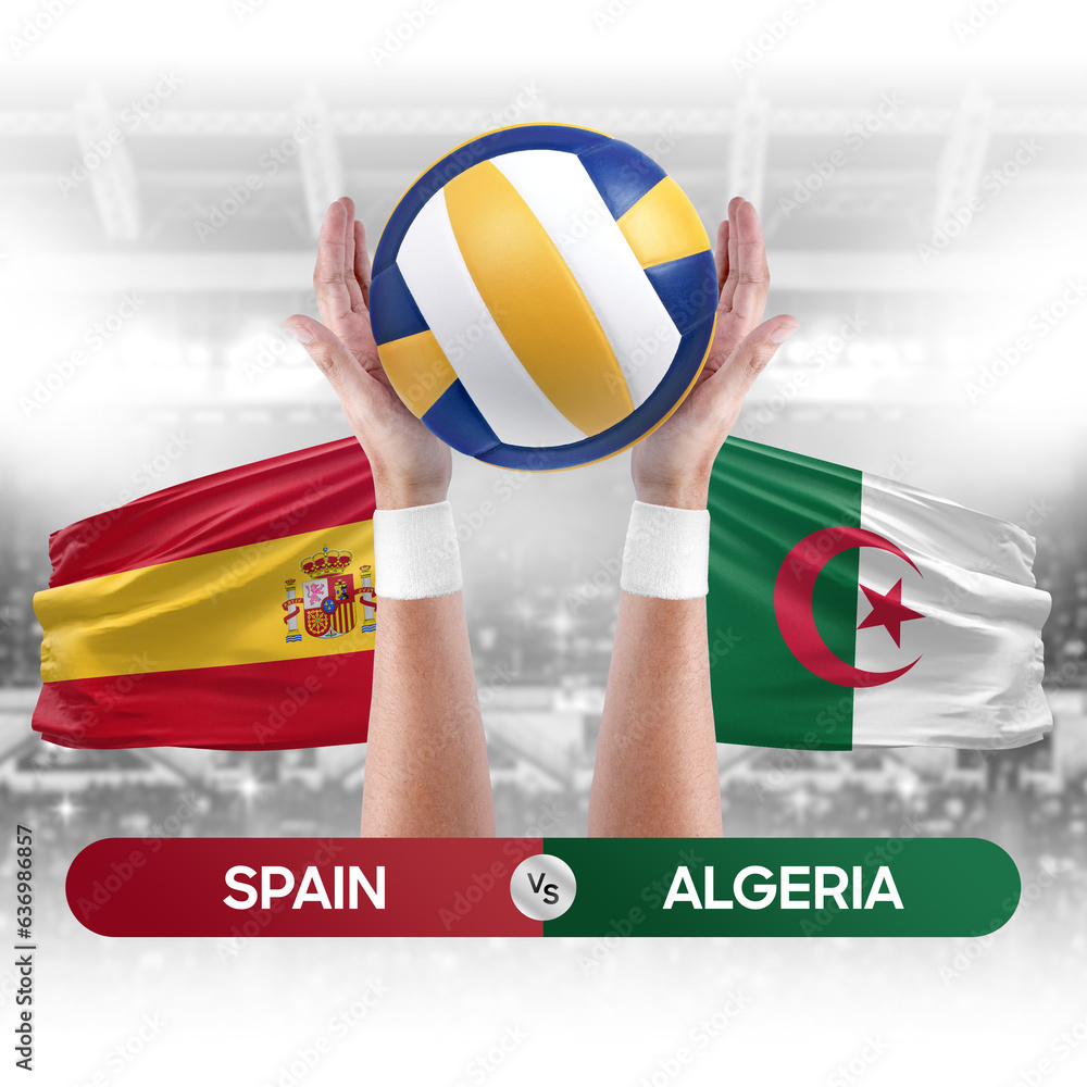 Spain vs Algeria national teams volleyball volley ball match competition concept.
