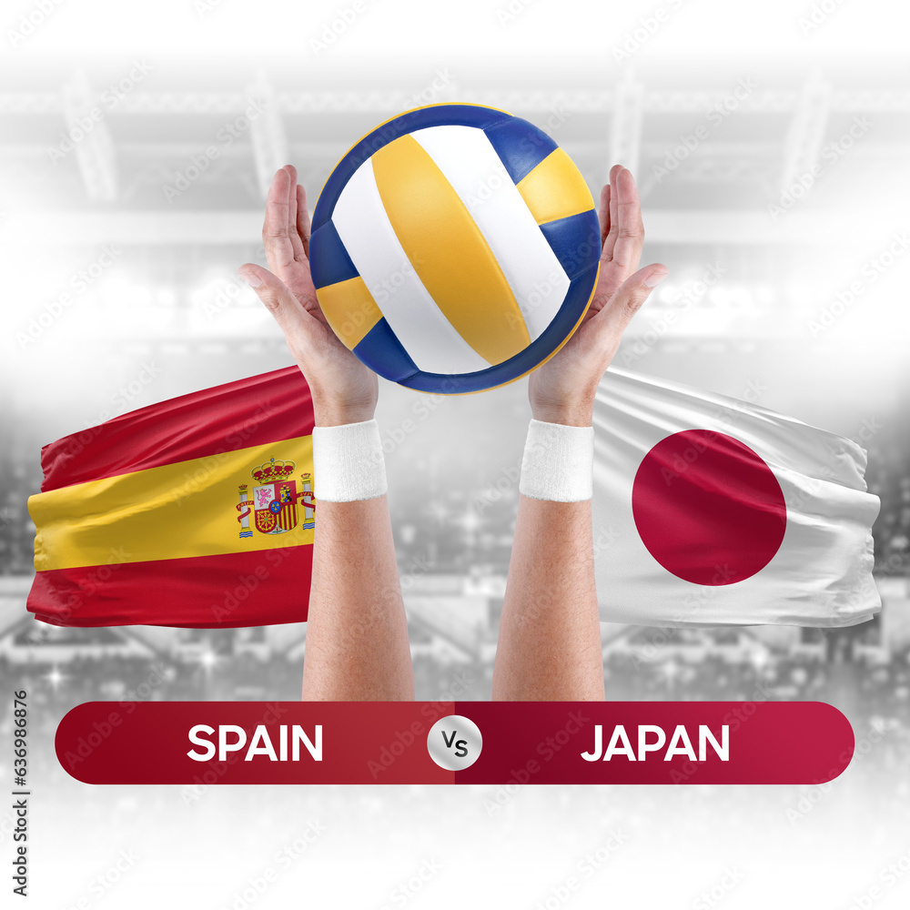 Spain vs Japan national teams volleyball volley ball match competition concept.