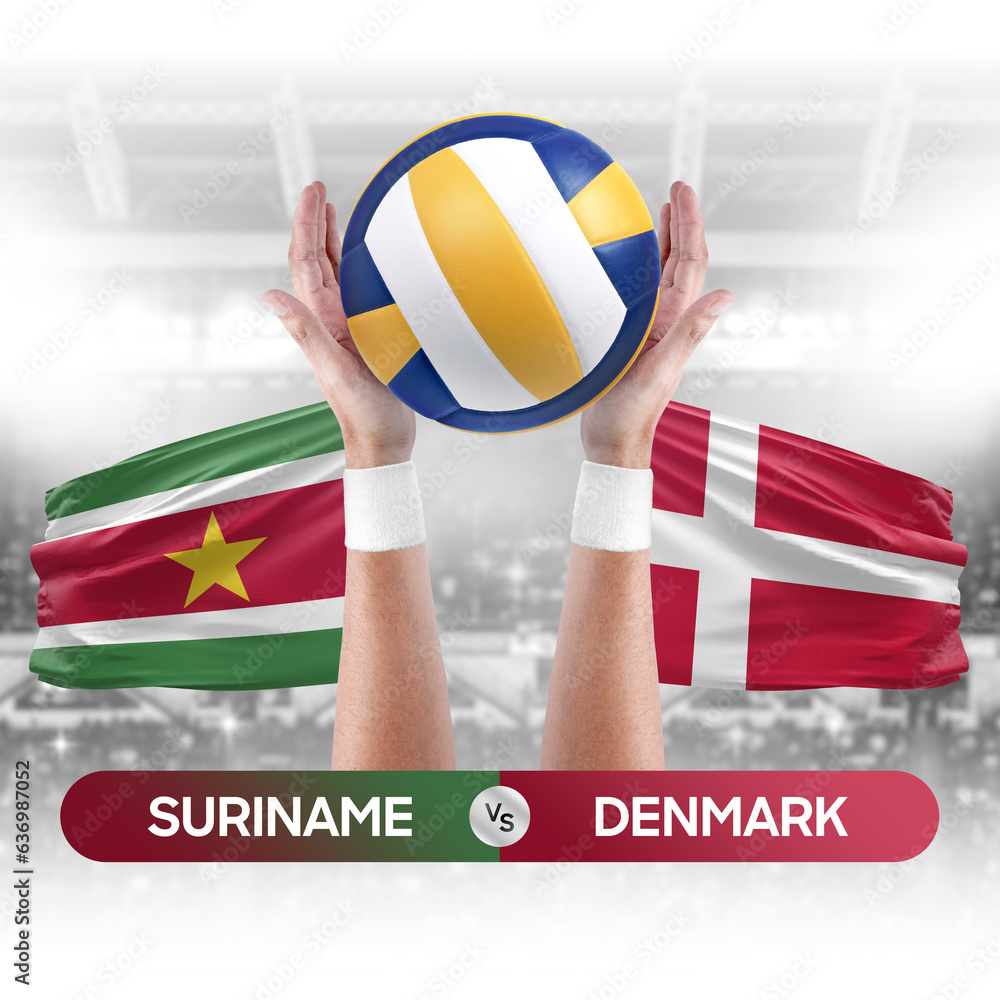 Suriname vs Denmark national teams volleyball volley ball match competition concept.