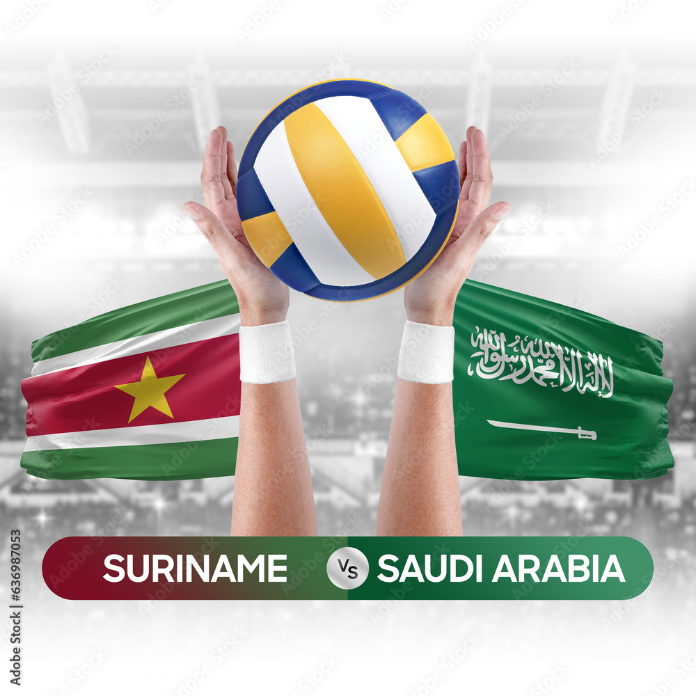 Suriname vs Saudi Arabia national teams volleyball volley ball match competition concept.