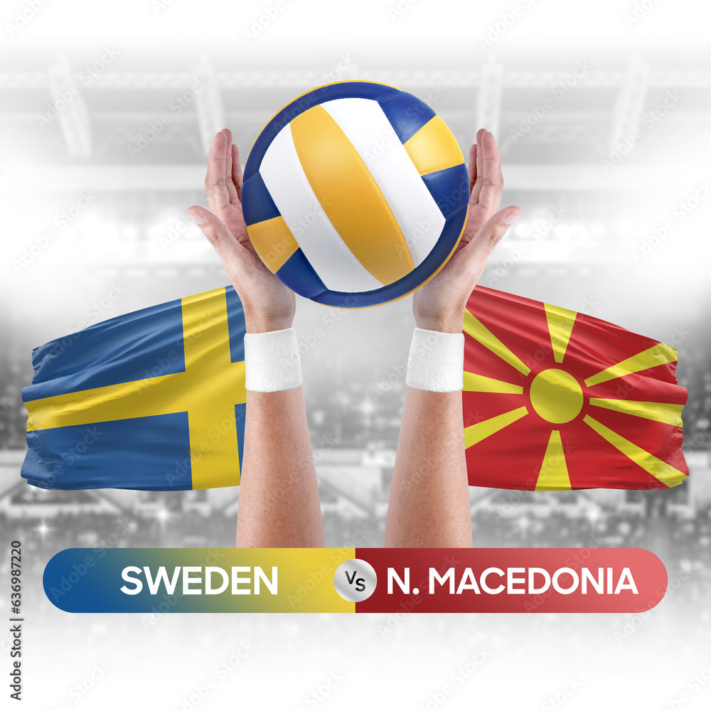 Sweden vs North Macedonia national teams volleyball volley ball match competition concept.