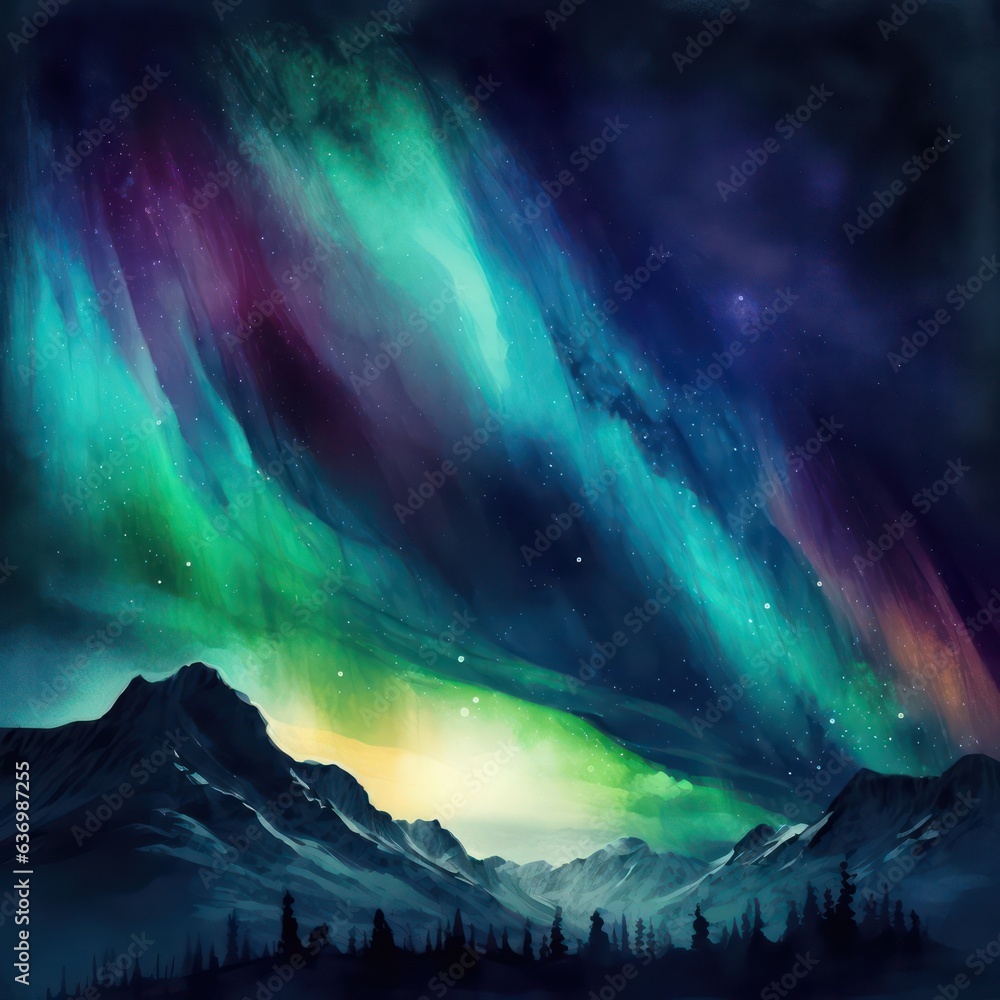 Northern lights landscape with mountains and forest, Watercolor night sky background 