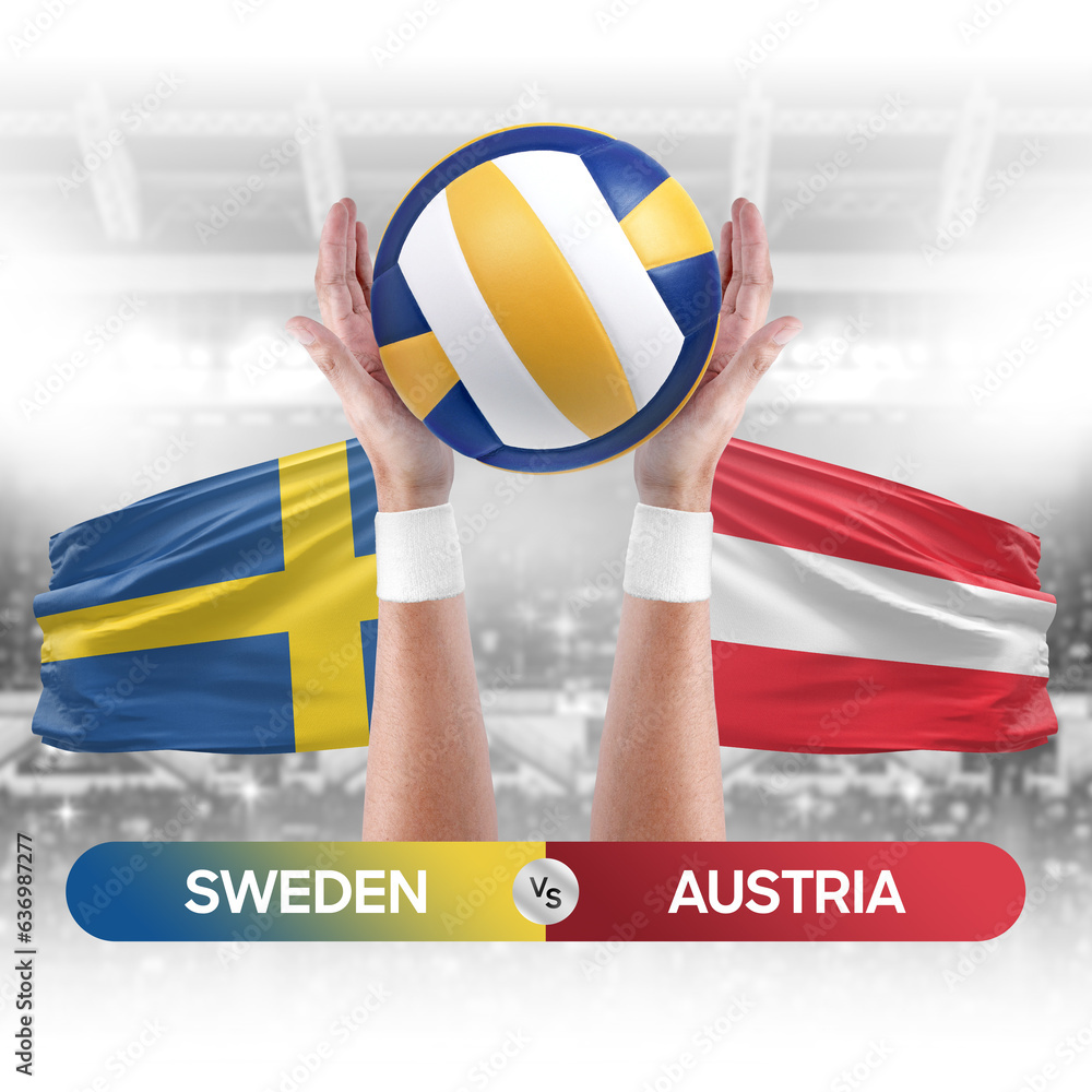 Sweden vs Austria national teams volleyball volley ball match competition concept.