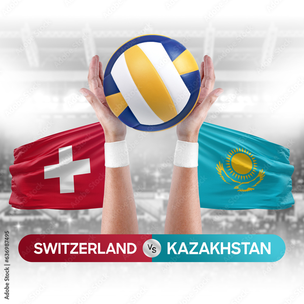 Switzerland vs Kazakhstan national teams volleyball volley ball match competition concept.