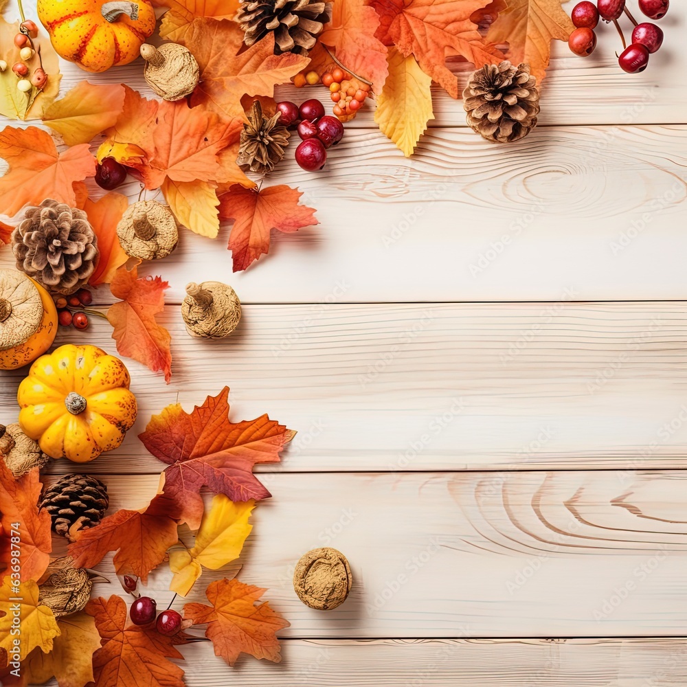 Happy Thanksgiving background with colorful autumn leaves, pumpkin and copy space on a wooden table. Happy Thanksgiving background with colorful autumn leaves, pumpkin and copy space on a wooden table.