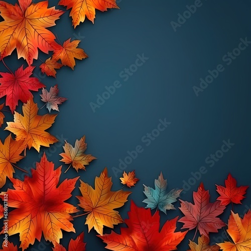 A collection of colorful autumn leaves on dark blue background Top view with copy space. 