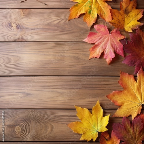 A collection of colorful autumn leaves on a wooden table with copy space. Happy Thanksgiving background concept.