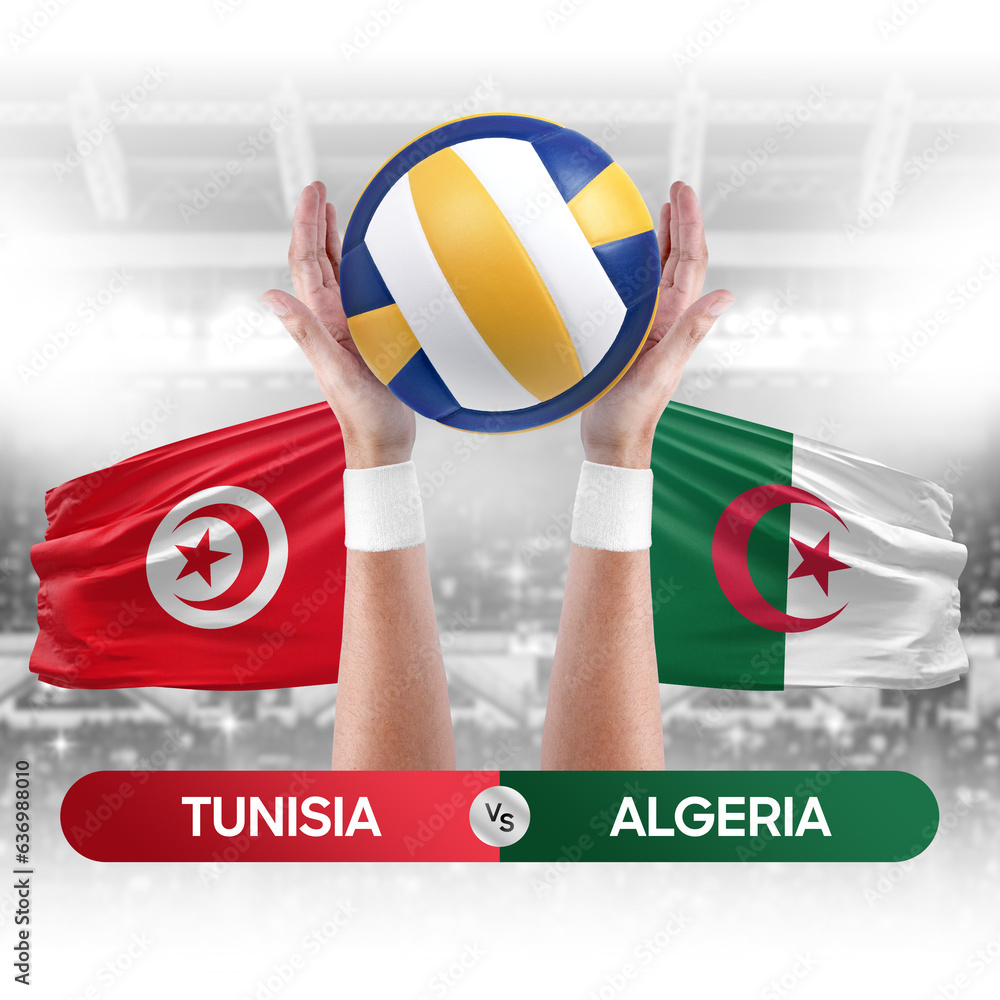 Tunisia vs Algeria national teams volleyball volley ball match competition concept.
