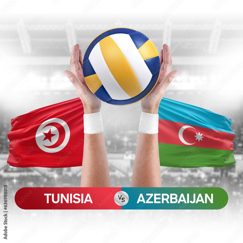 Tunisia vs Azerbaijan national teams volleyball volley ball match competition concept.