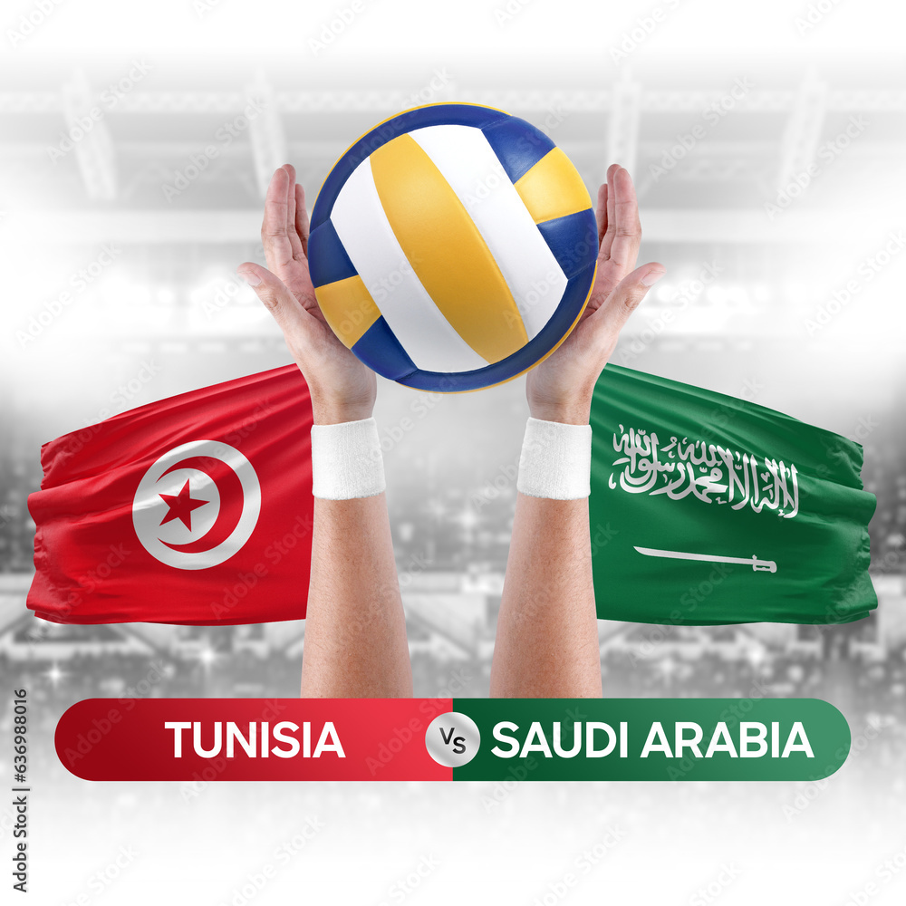 Tunisia vs Saudi Arabia national teams volleyball volley ball match competition concept.