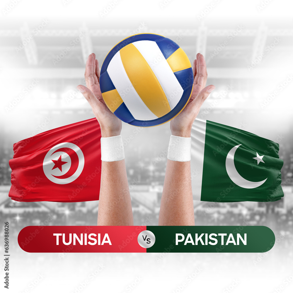 Tunisia vs Pakistan national teams volleyball volley ball match competition concept.