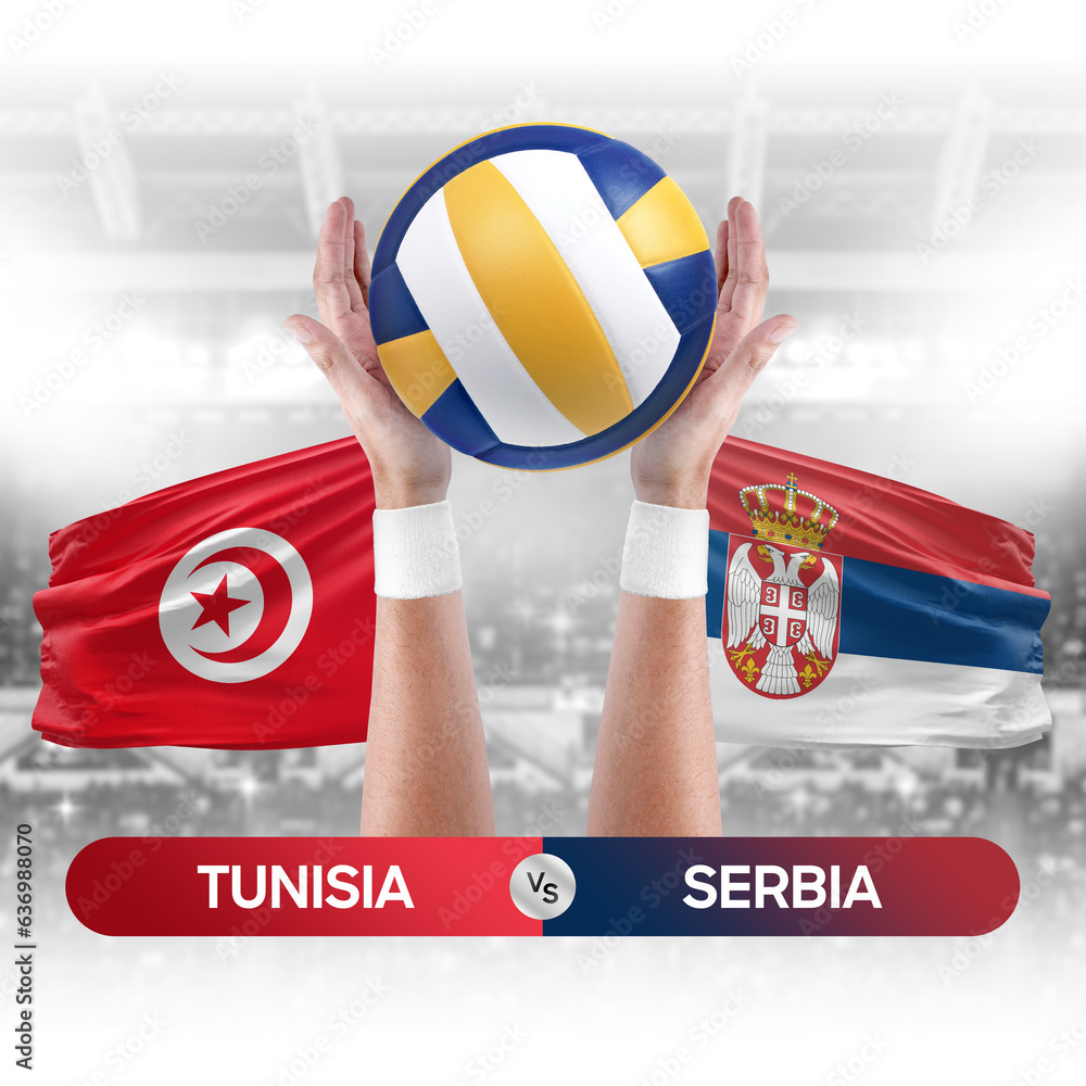 Tunisia vs Serbia national teams volleyball volley ball match competition concept.