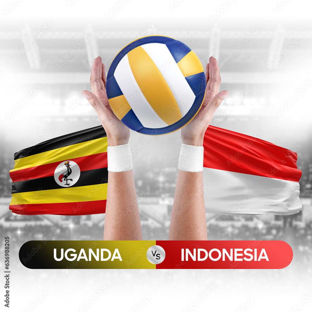 Uganda vs Indonesia national teams volleyball volley ball match competition concept.