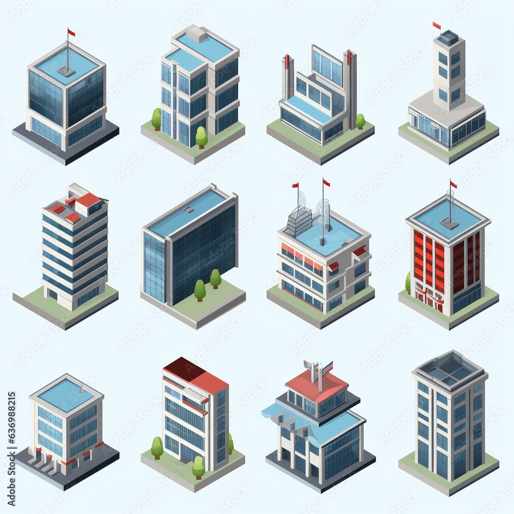 Vector isometric icon set or infographic elements representing different town buildings - houses, skyscrapers, offices, shops and stores, restaurant, cafe for map creation. 