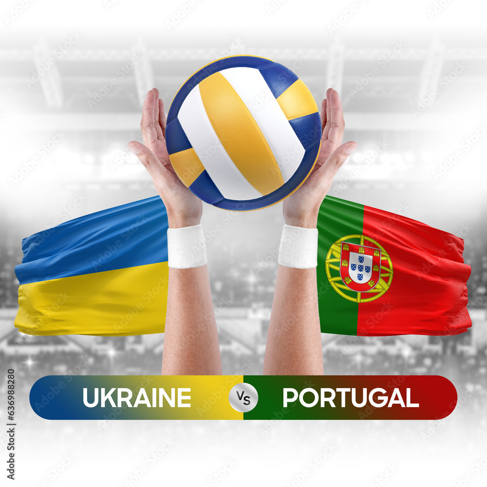 Ukraine vs Portugal national teams volleyball volley ball match competition concept.