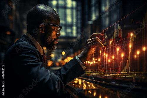 Businessman hand showing growing virtual hologram stock Stock market business growth planning and strategy Progress or success in investment. 