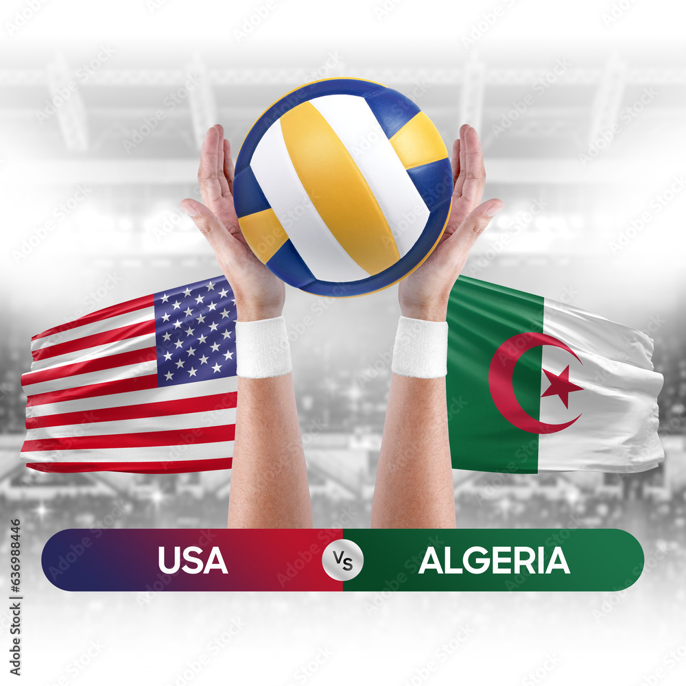 USA vs Algeria national teams volleyball volley ball match competition concept.