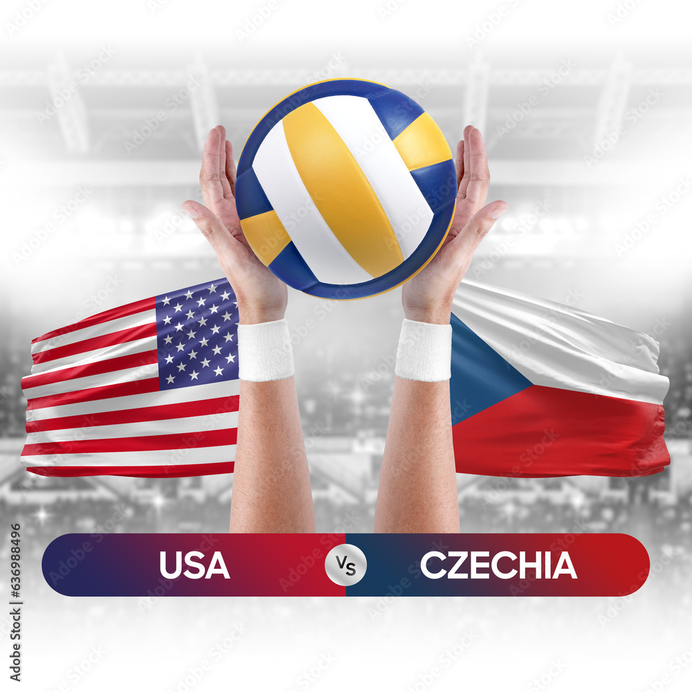 USA vs Czechia national teams volleyball volley ball match competition concept.