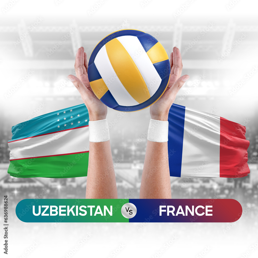 Uzbekistan vs France national teams volleyball volley ball match competition concept.