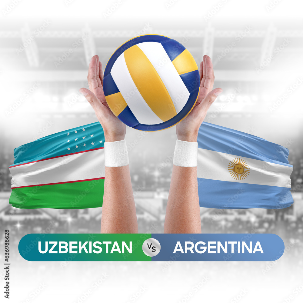 Uzbekistan vs Argentina national teams volleyball volley ball match competition concept.