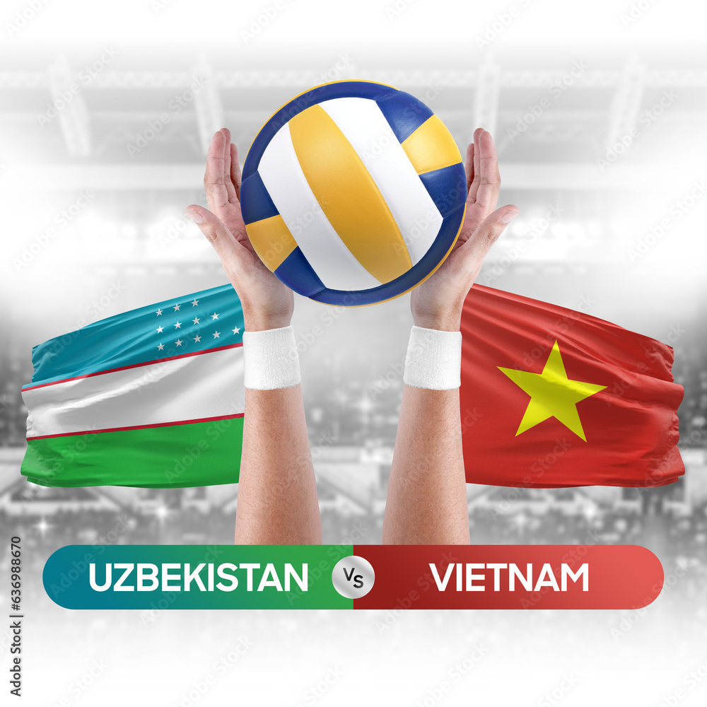 Uzbekistan vs Vietnam national teams volleyball volley ball match competition concept.