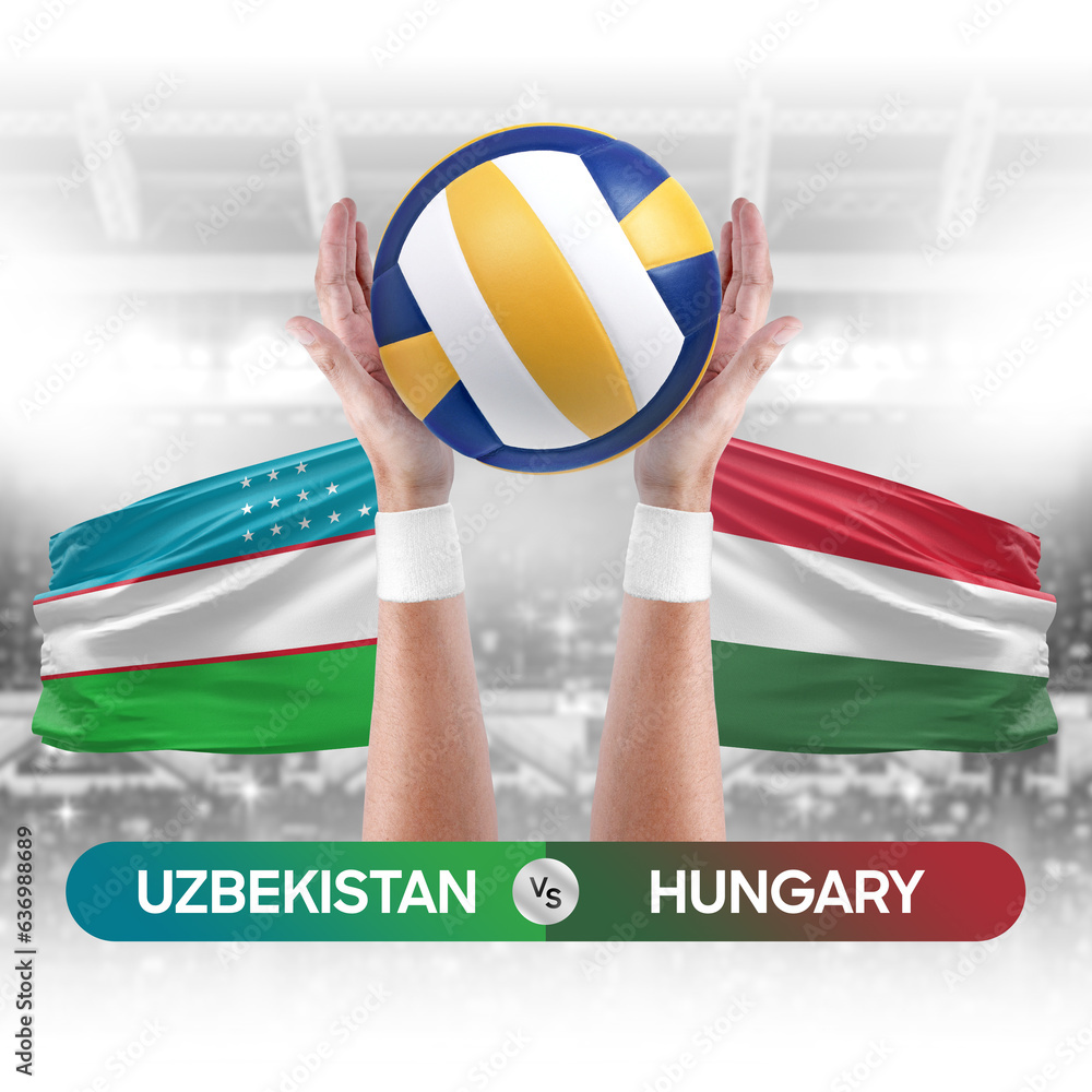 Uzbekistan vs Hungary national teams volleyball volley ball match competition concept.