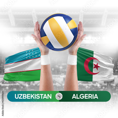 Uzbekistan vs Algeria national teams volleyball volley ball match competition concept.