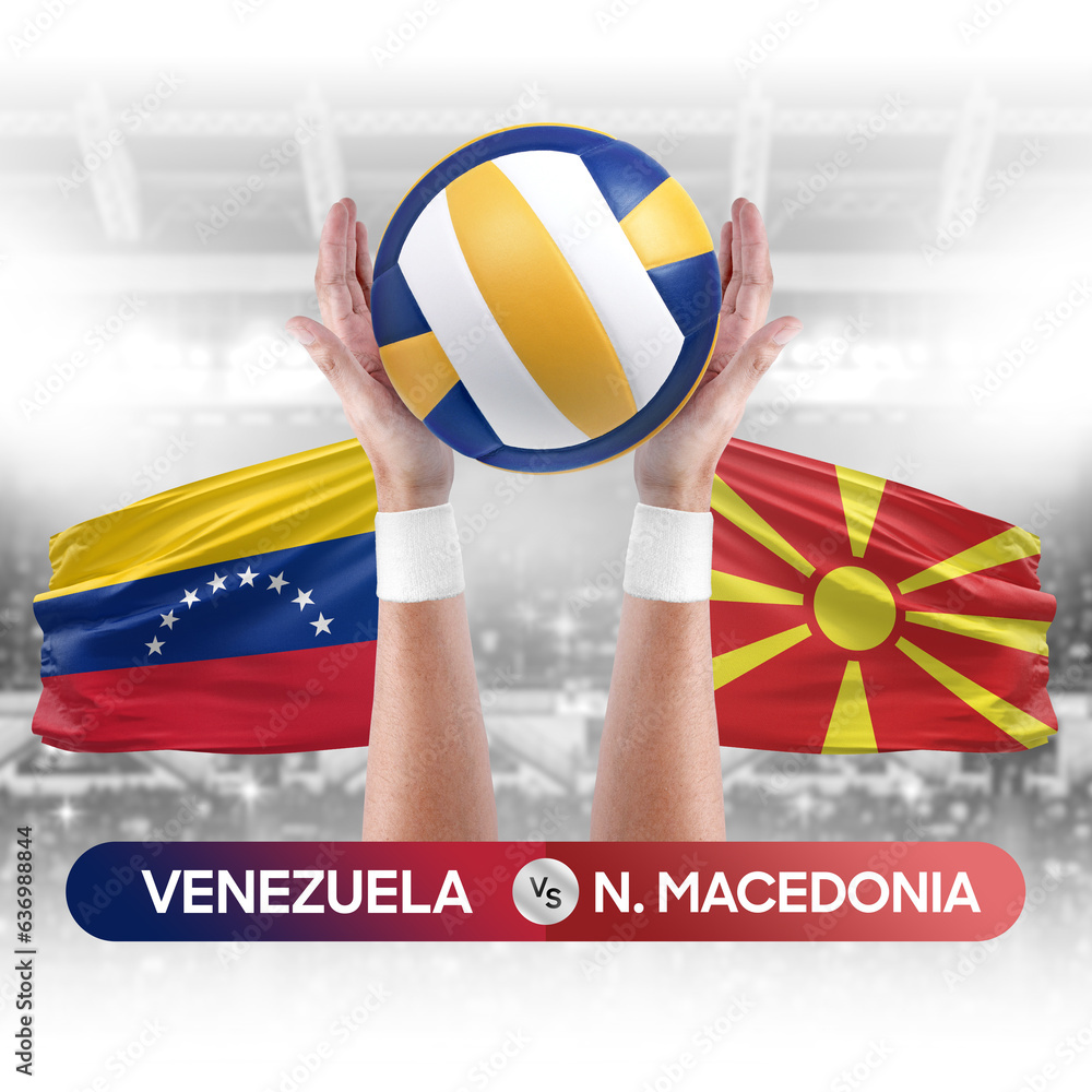 Venezuela vs North Macedonia national teams volleyball volley ball match competition concept.