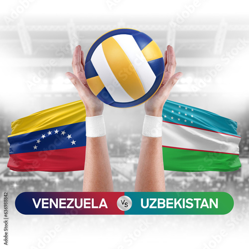 Venezuela vs Uzbekistan national teams volleyball volley ball match competition concept.