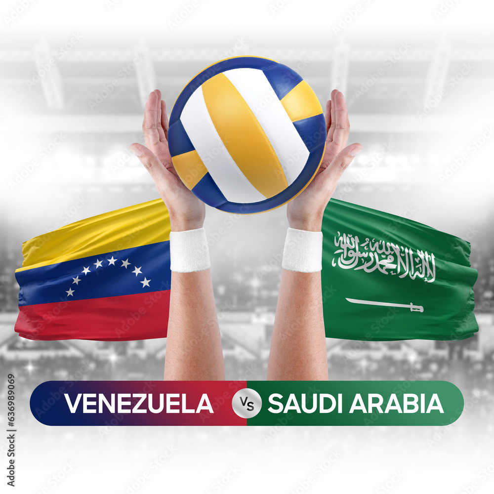 Venezuela vs Saudi Arabia national teams volleyball volley ball match competition concept.