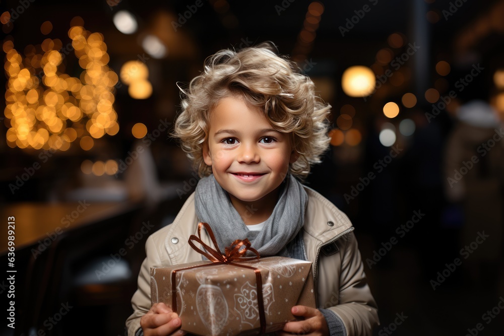 Happy smiling girl with christmas gift at xmas lights background Happy smiling girl with christmas gift at xmas lights background
