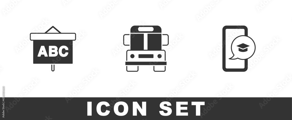 Set Chalkboard, School Bus and Graduation cap on mobile icon. Vector Set Chalkboard, School Bus and Graduation cap on mobile icon. Vector
