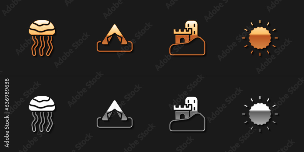 Set Jellyfish, Tourist tent, Sand castle and Sun icon. Vector