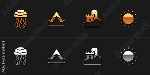 Set Jellyfish, Tourist tent, Sand castle and Sun icon. Vector