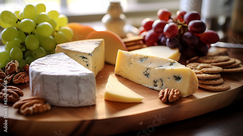 a cheese platter, featuring an assortment of aged Gouda, creamy Brie, tangy Roquefort, and ripe Camembert, complemented with grapes and crackers.
