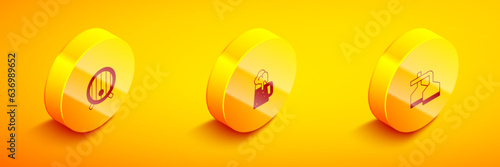Set Isometric Wooden barrel, beer mug and Beer brewing process icon. Vector